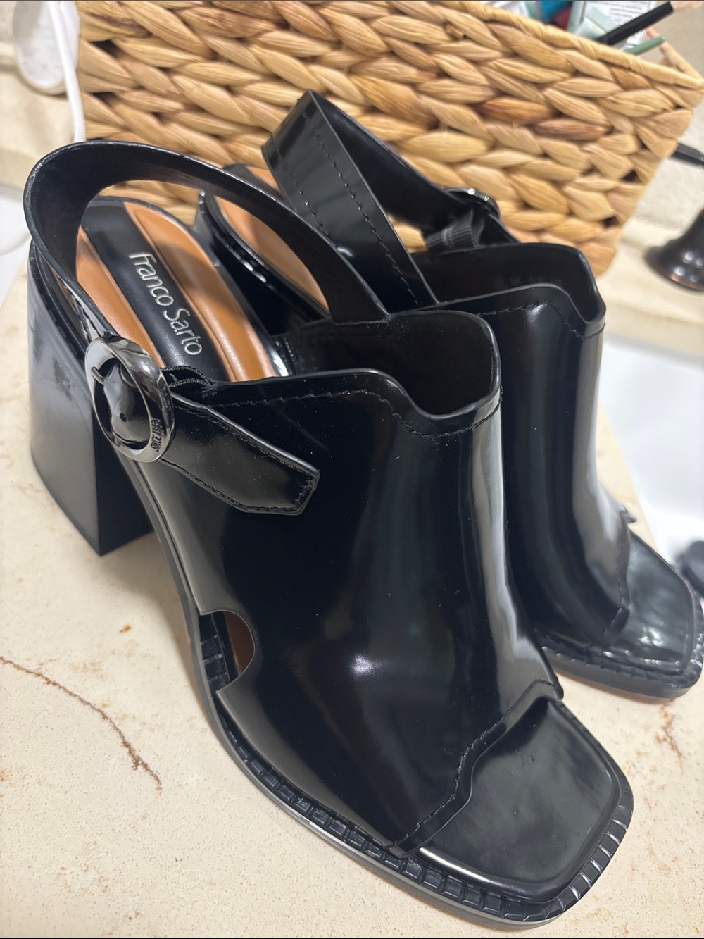 Franco Sarto Black Patent Open-Toe Slingback Block Heels